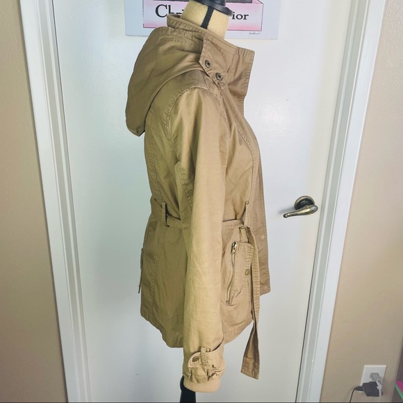 Miss London Black Label Utility Jacket Beige Women Medium Full Zip Hoodie Trench - Picture 9 of 13
